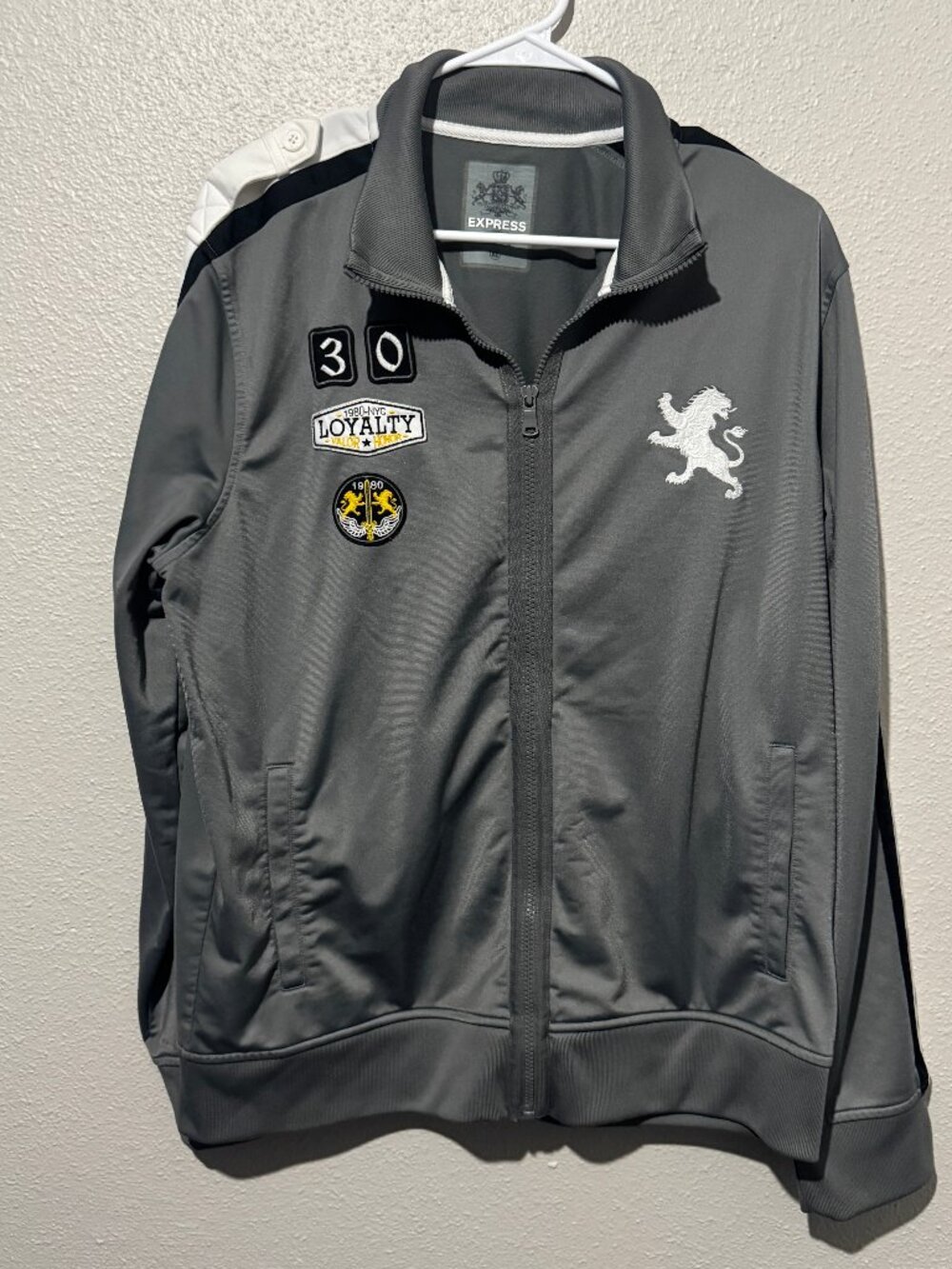 Express Gray Full Zip Track Jacket Patch Embroidered Lion Size XL